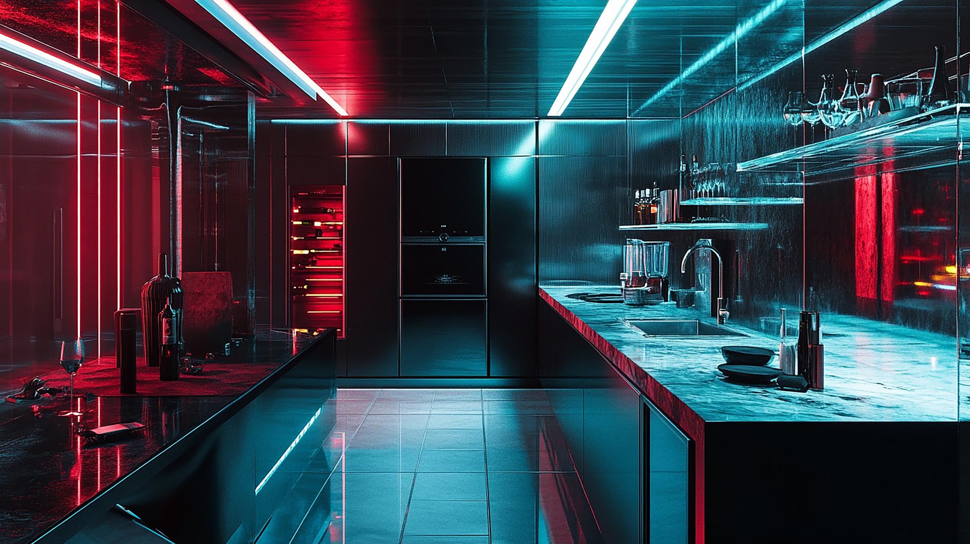 Modern kitchen workspace with neon lights