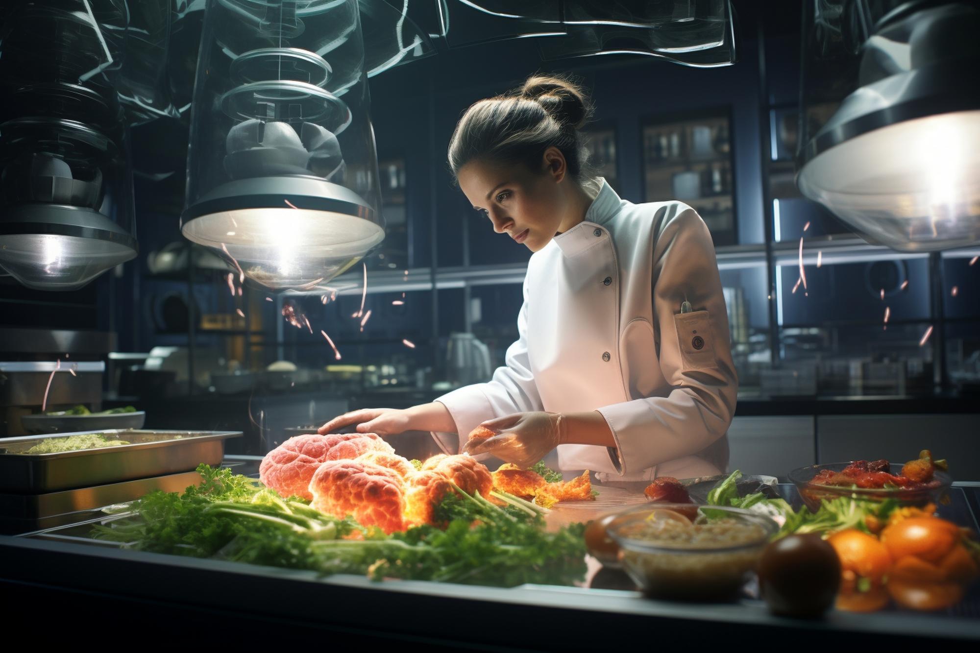 Student plating in modern kitchen