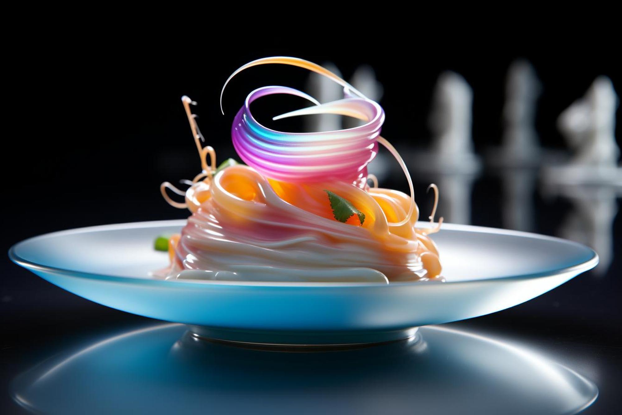 Large editorial shot of plated dish with neon backdrop
